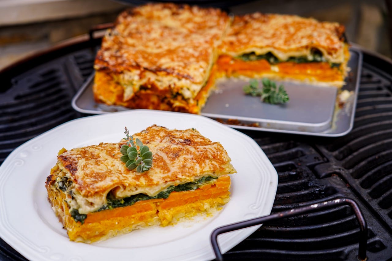 Lasagne végétarienne au barbecue, épinards patates douces et butternut