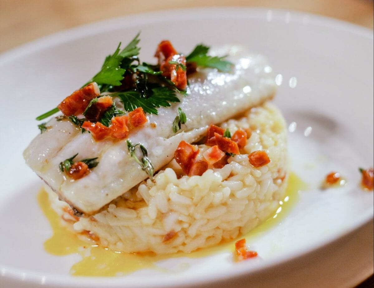 sur une portion de risotto à l'emporte pièce, un filet de bar et des morceaux de chorizo